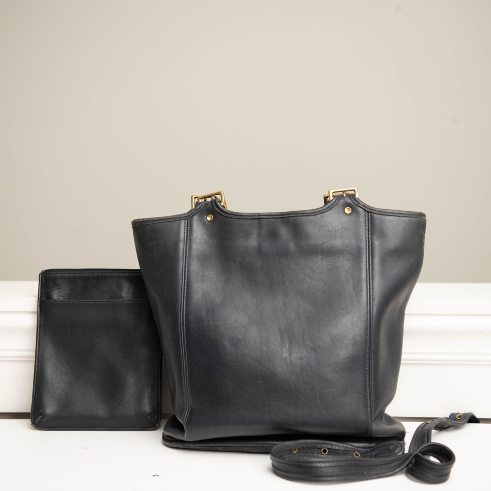 VTG Coach Legacy Y2K Black Raw Leather 2pc Set Gold Hardware Minimalist - READ